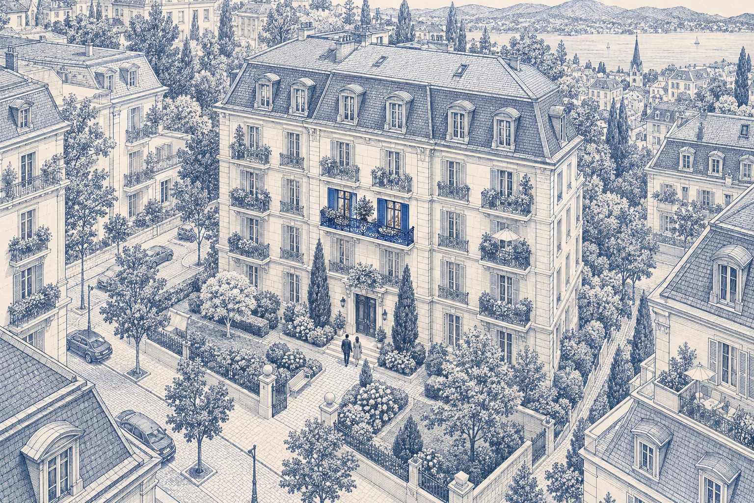Blaue Architekturillustration: Wohnung für ein Kaufprojekt.