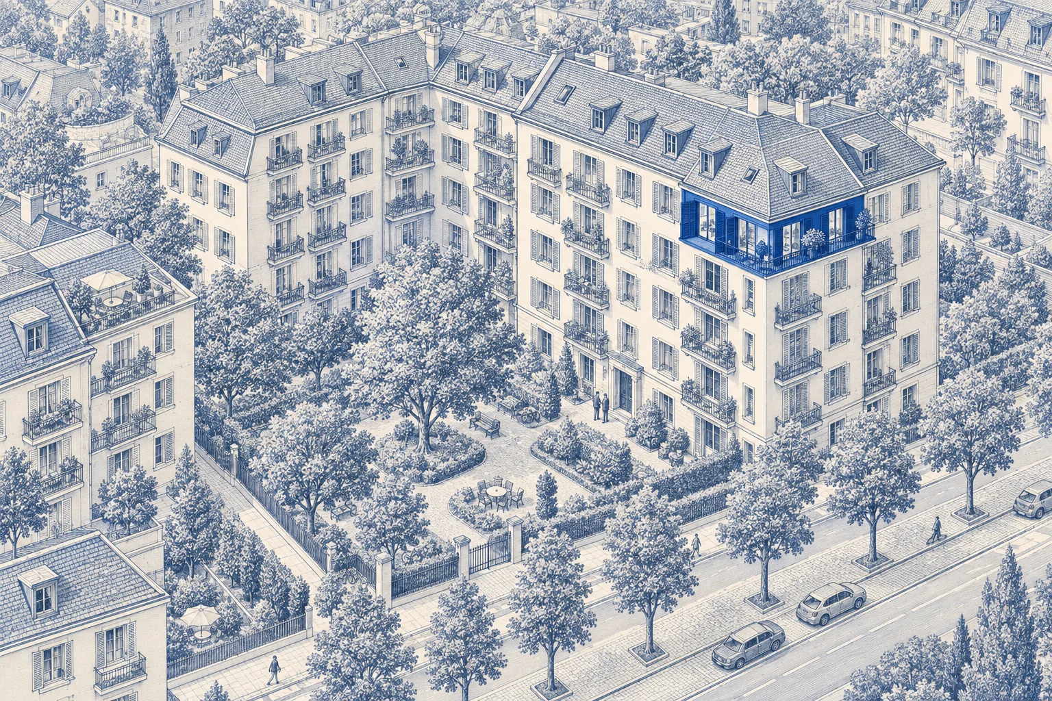 Blaue Architekturillustration: Wohnung für ein Verkaufsprojekt.