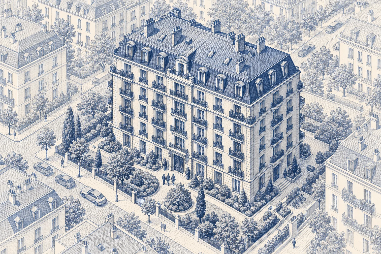 Blaue Architekturillustration: Mehrfamilienhaus für ein Kaufprojekt.