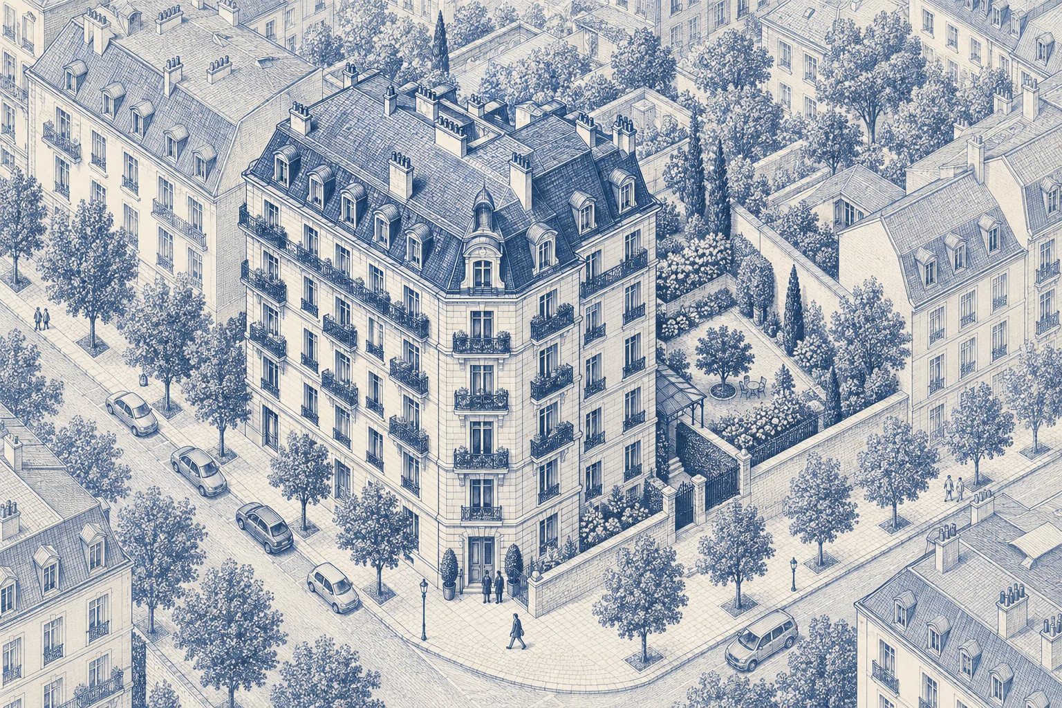 Blaue Architekturillustration: Mehrfamilienhaus für ein Verkaufsprojekt.