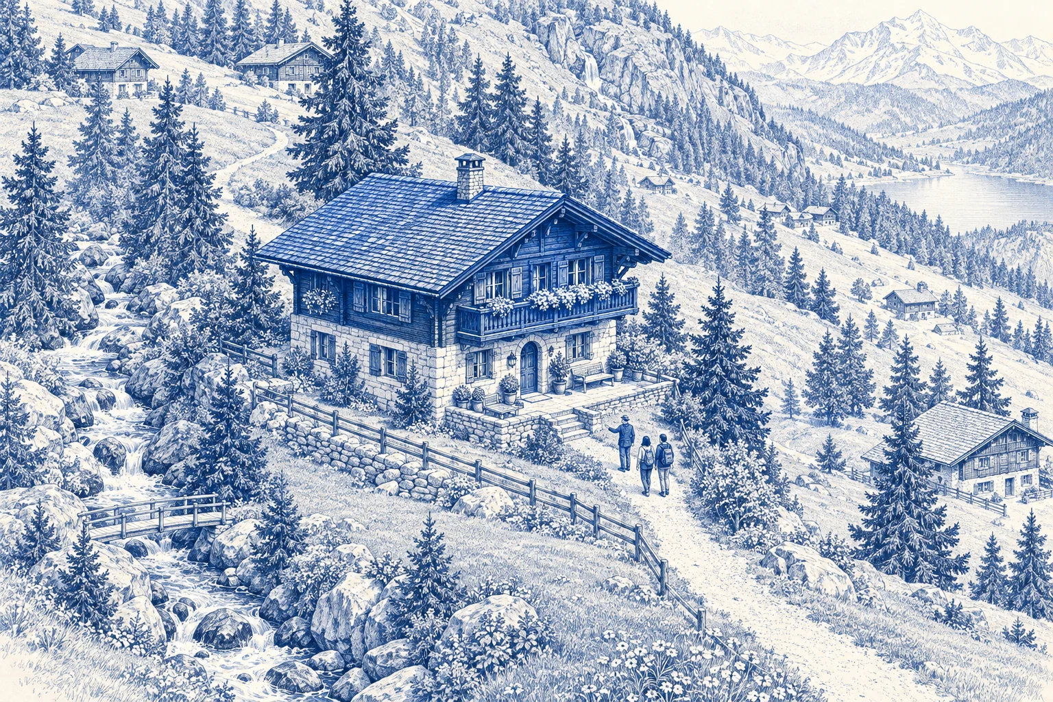 Blaue Architekturillustration: Chalet & Ferienhaus für ein Kaufprojekt.