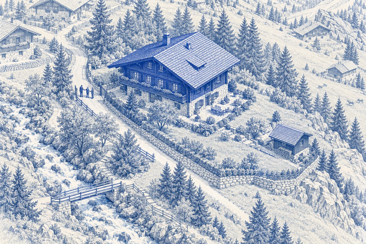 Blaue Architekturillustration: Chalet & Ferienhaus für ein Verkaufsprojekt.