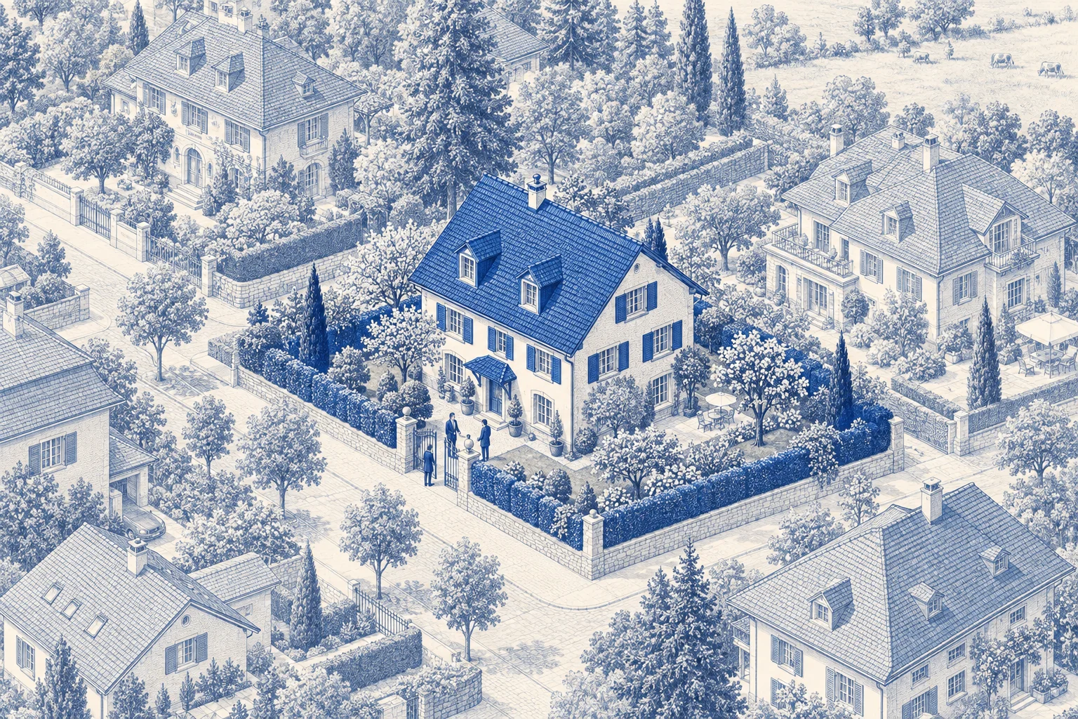 Blaue Architekturillustration: Haus & Villa für ein Kaufprojekt.
