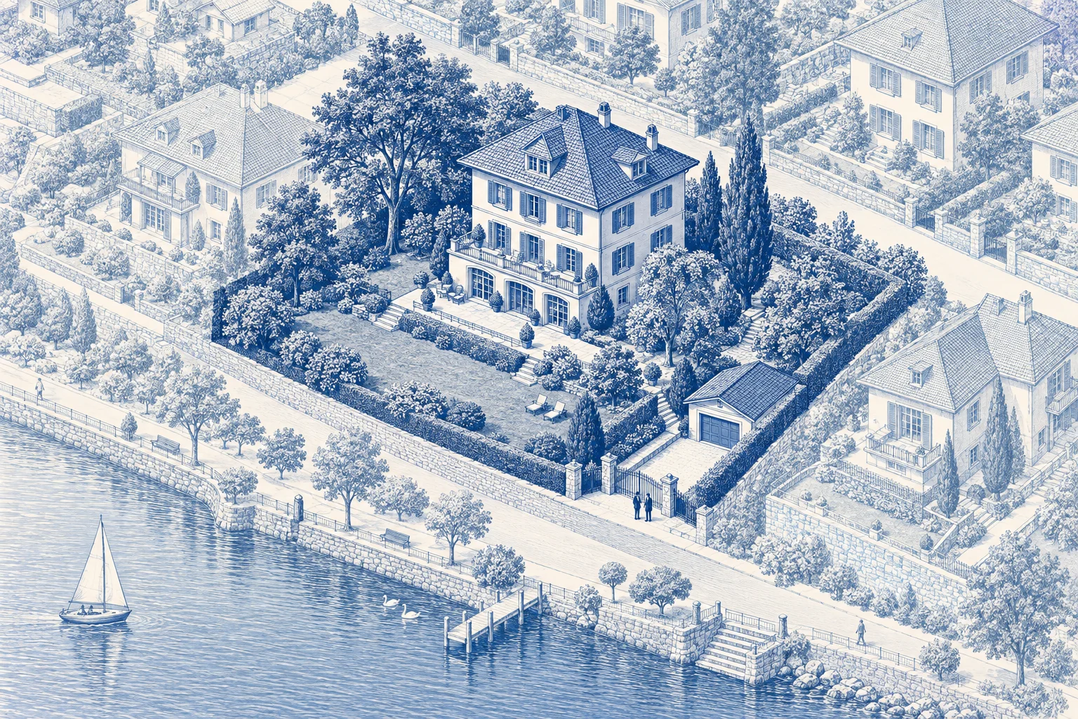 Blaue Architekturillustration: Haus & Villa für ein Verkaufsprojekt.