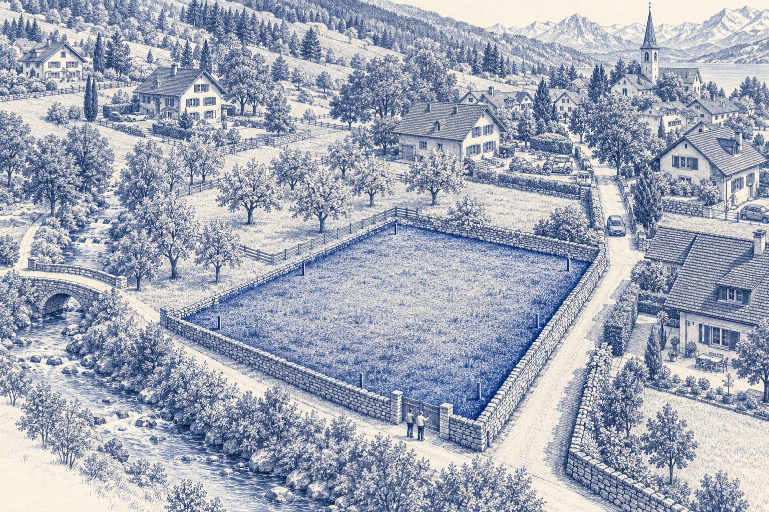 Blaue Architekturillustration: Bauland für ein Kaufprojekt.