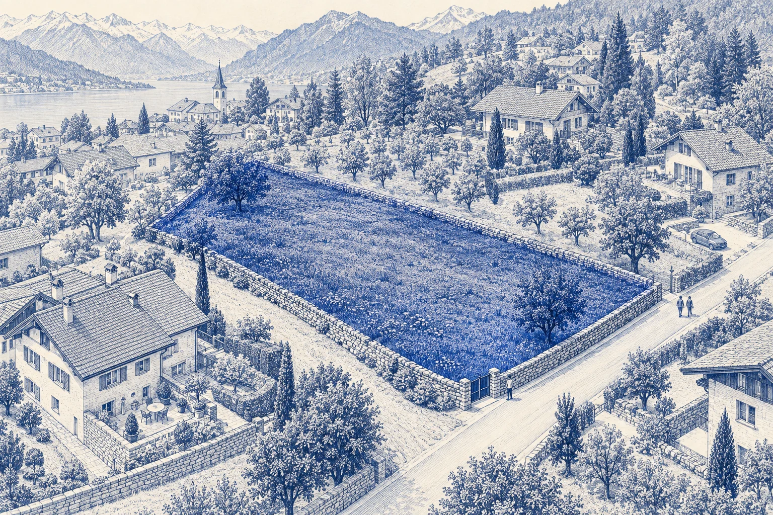 Blaue Architekturillustration: Bauland für ein Verkaufsprojekt.