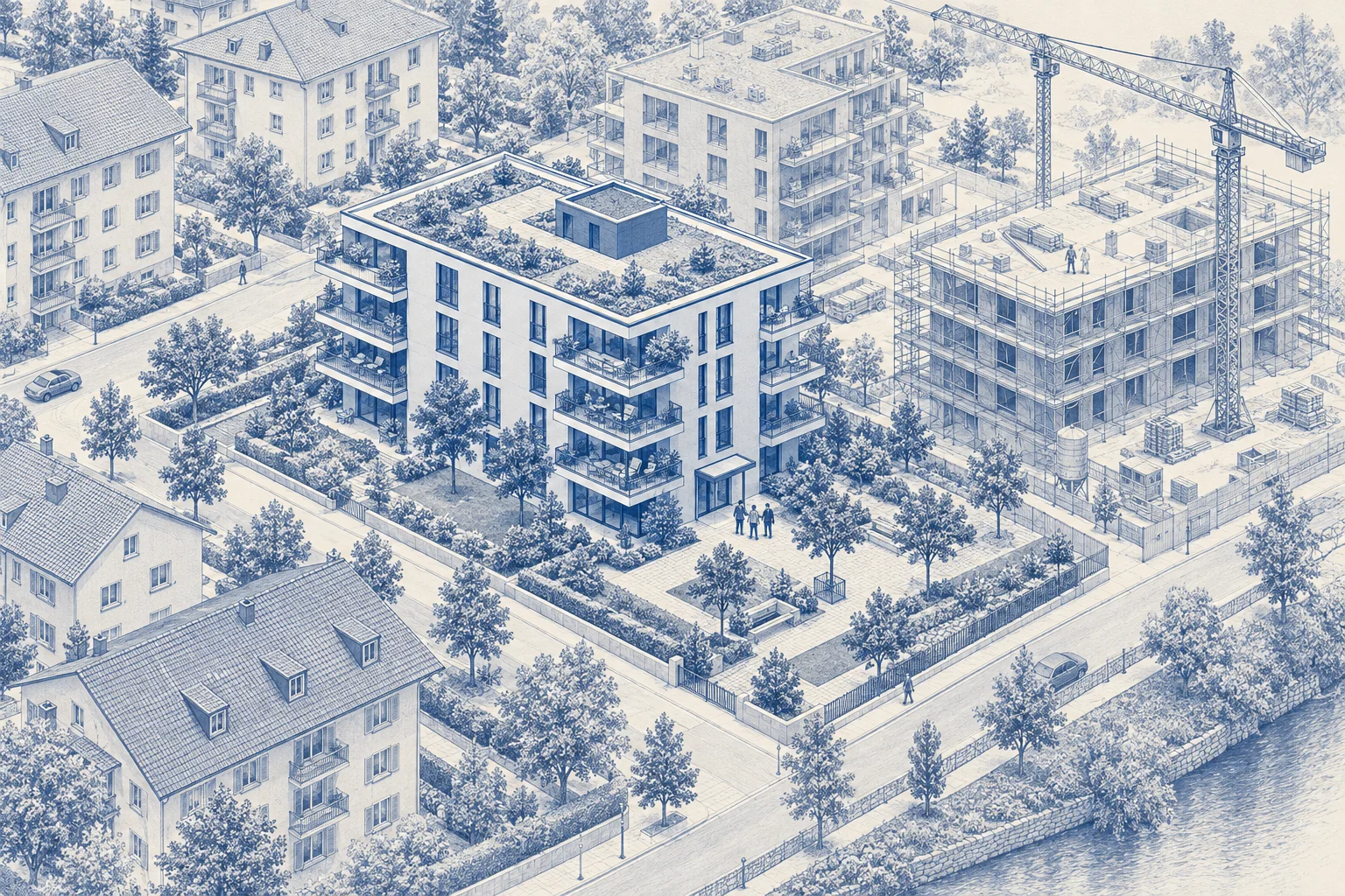 Blaue Architekturillustration: Neubau für ein Kaufprojekt.