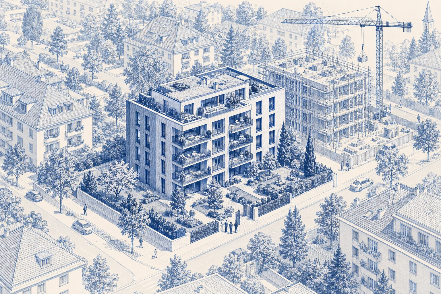 Blaue Architekturillustration: Neubau für ein Verkaufsprojekt.