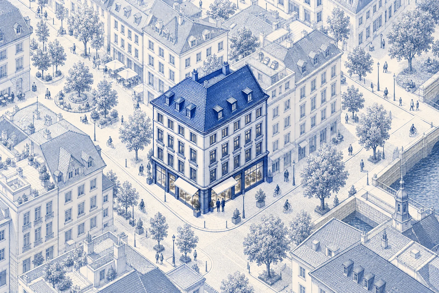Blaue Architekturillustration: Büro & Laden für ein Kaufprojekt.