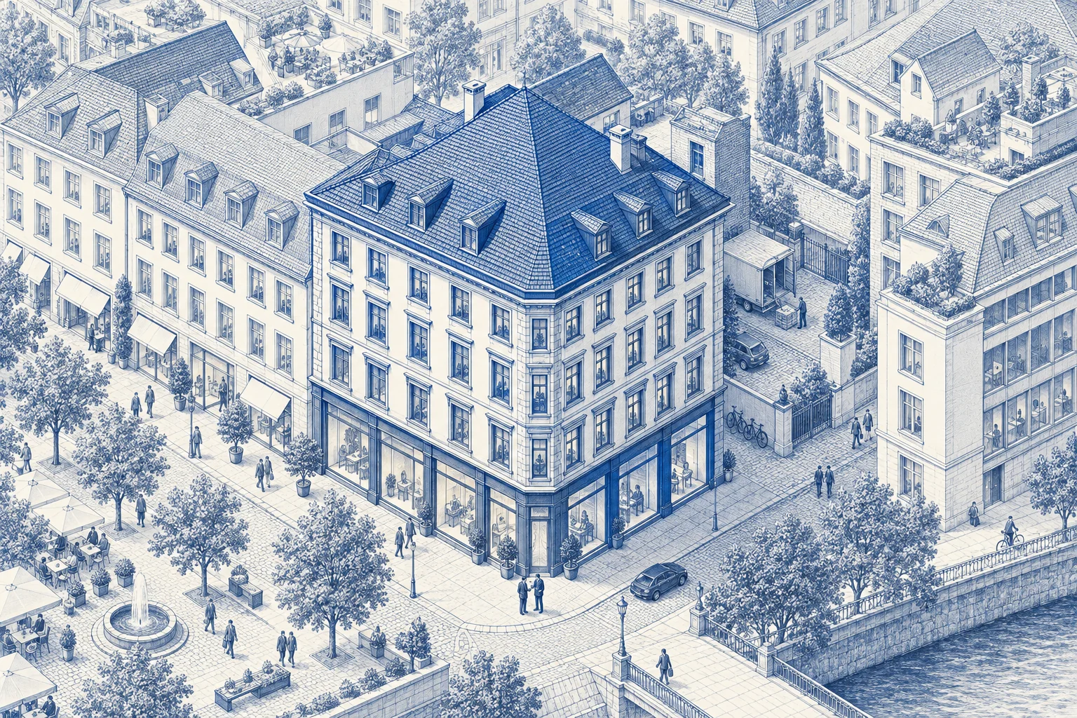 Blaue Architekturillustration: Büro & Laden für ein Verkaufsprojekt.