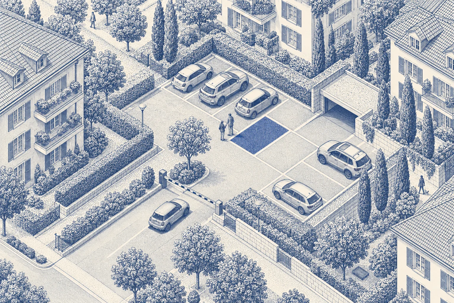 Blaue Architekturillustration: Parkplatz & Garage für ein Kaufprojekt.