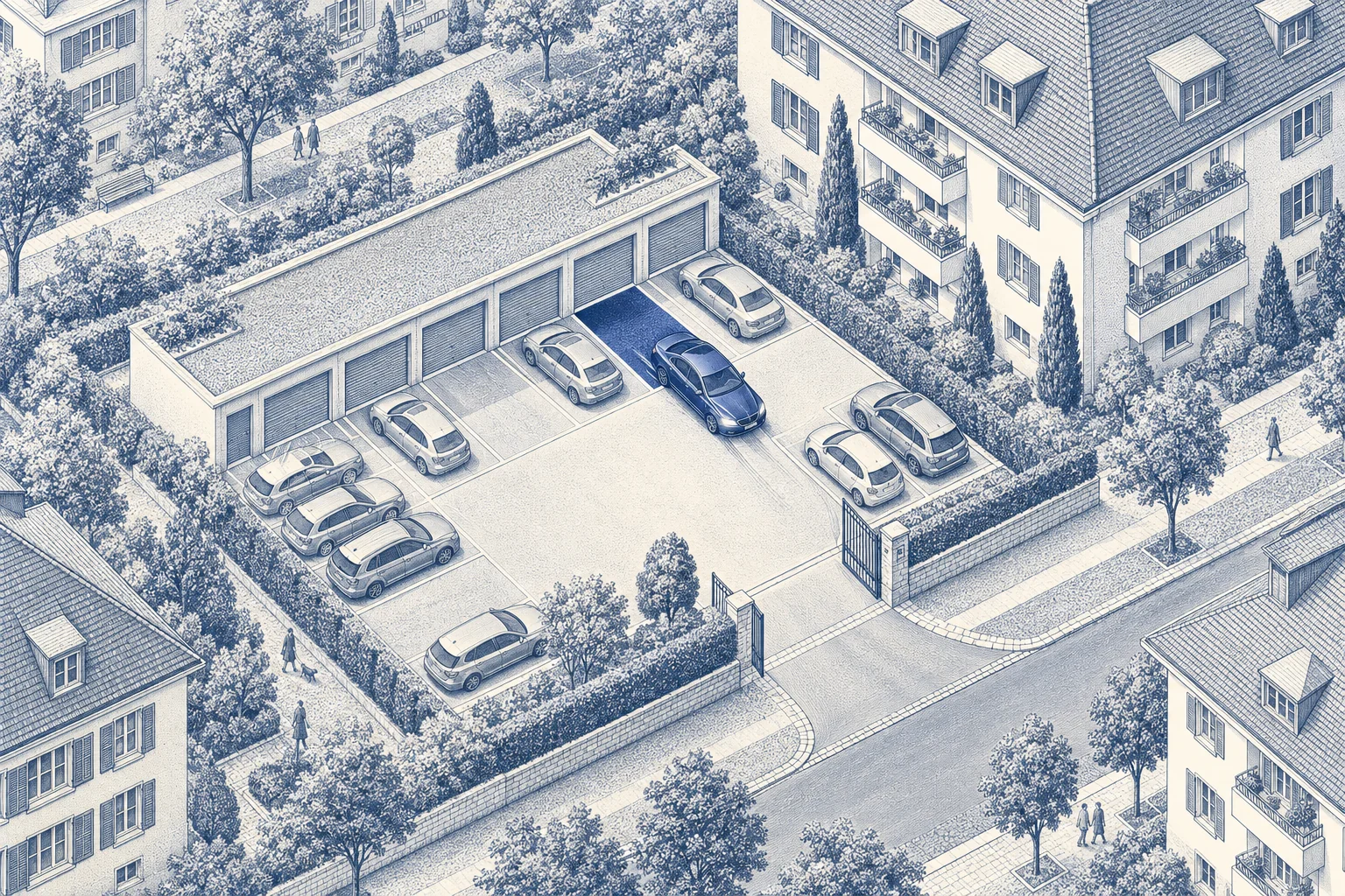 Blaue Architekturillustration: Parkplatz & Garage für ein Verkaufsprojekt.