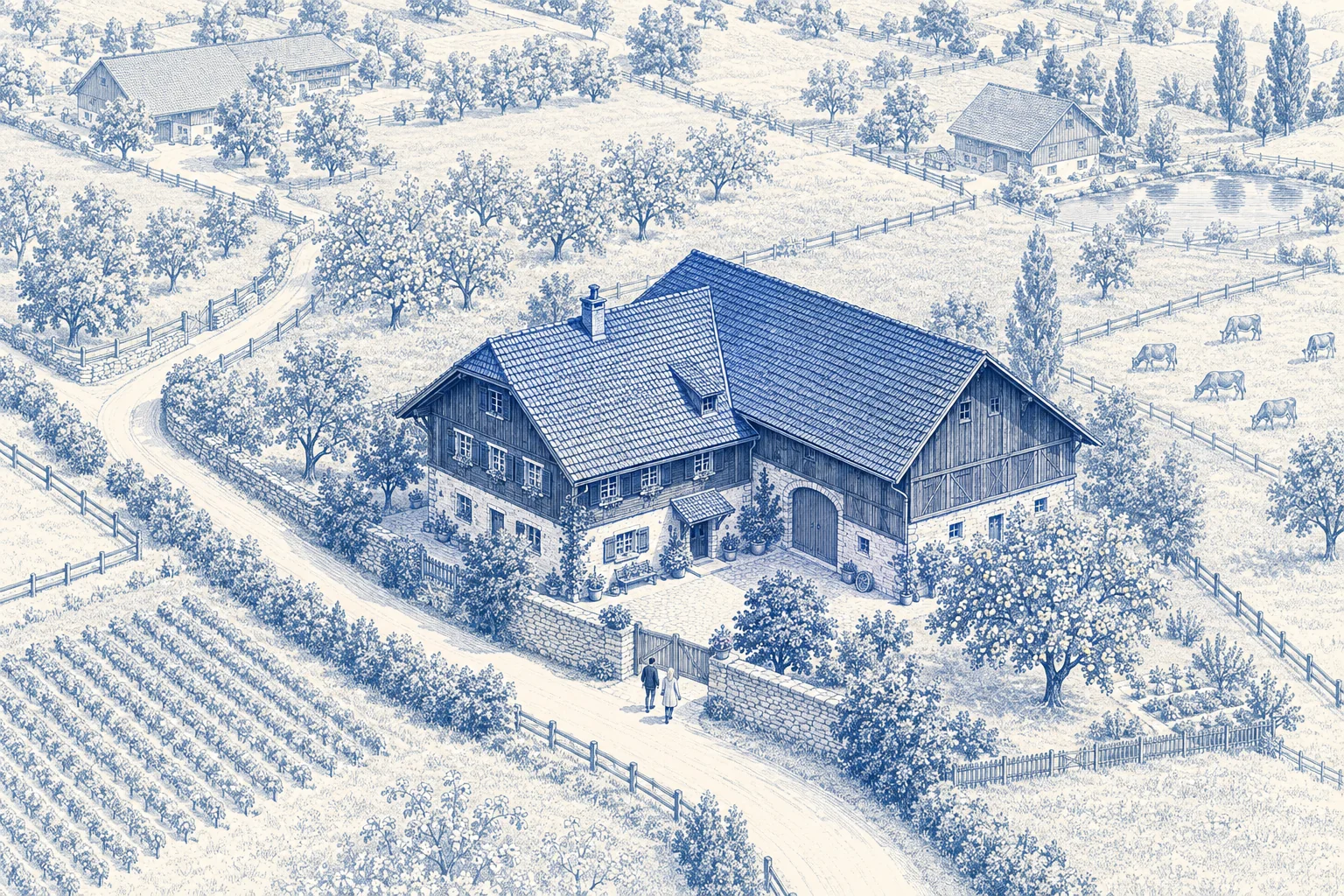 Blaue Architekturillustration: Landhaus & Agrarland für ein Kaufprojekt.