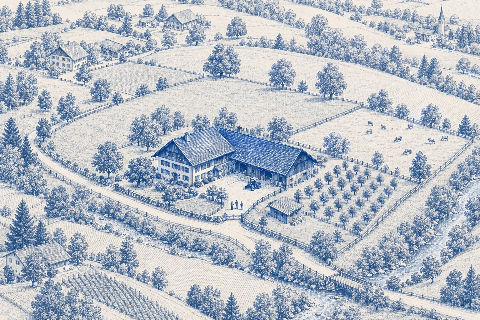 Blaue Architekturillustration: Landhaus & Agrarland für ein Verkaufsprojekt.