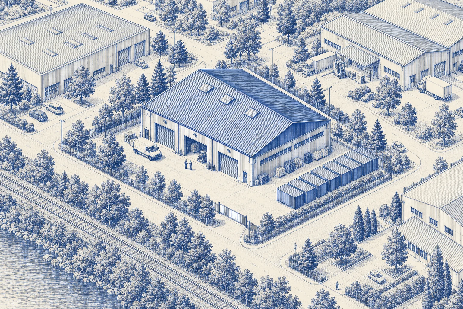 Blaue Architekturillustration: Lager & Gewerbe für ein Kaufprojekt.