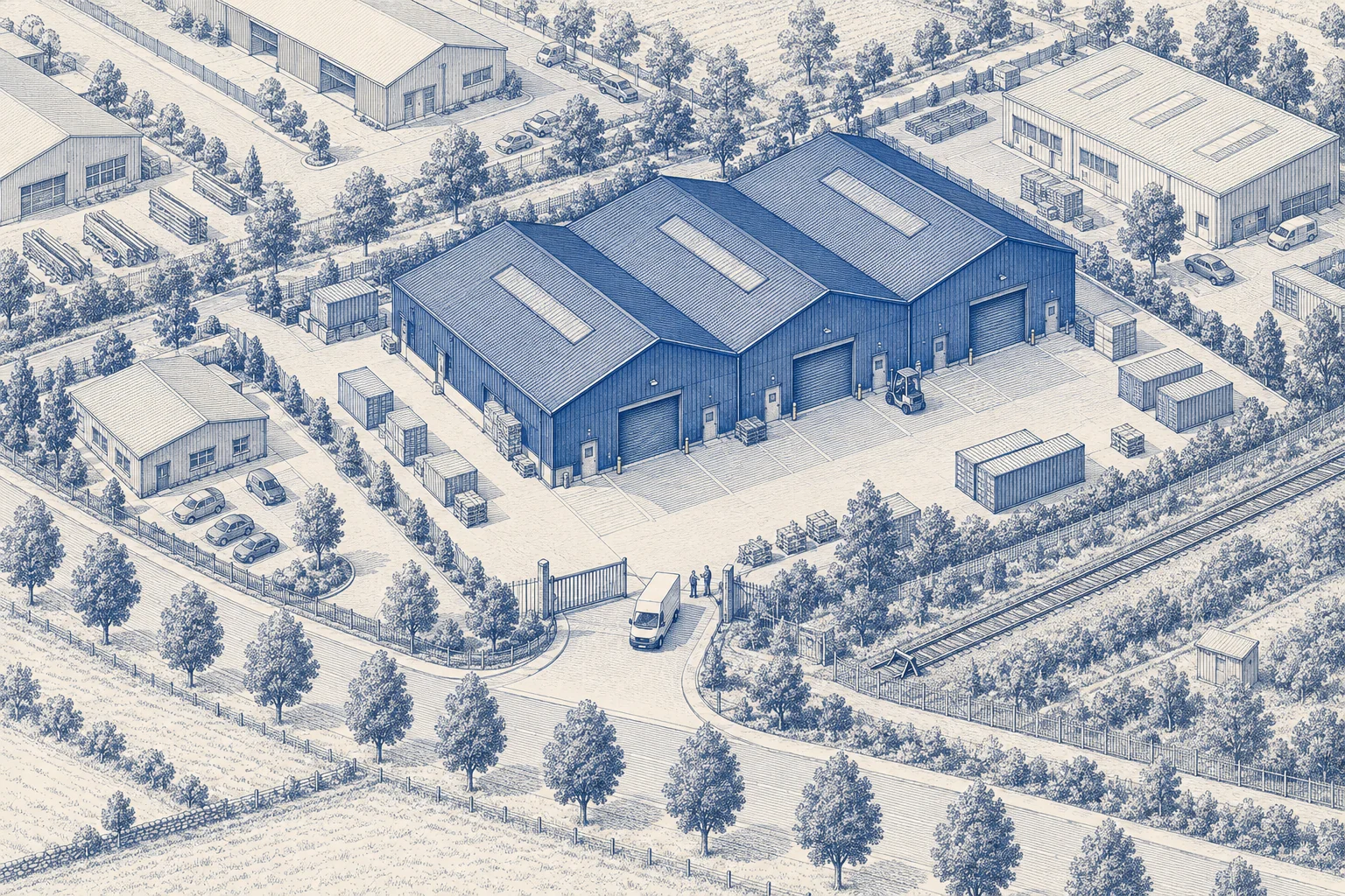 Blaue Architekturillustration: Lager & Gewerbe für ein Verkaufsprojekt.